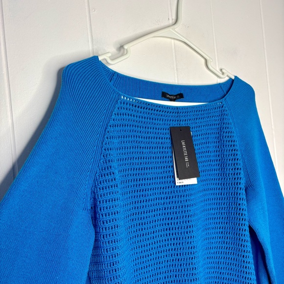 NWT Lafayette 148 New York MSRP $368 Cerulean Blue Sweater Open Crochet Large - Picture 4 of 11